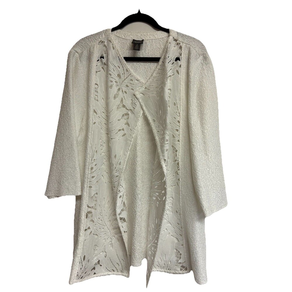 Chicos Size 2 Travelers Collection White Crushed Laced Jacket Open Front